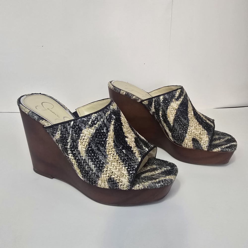 Jessica Simpson Shantell3 Woven Platform Wedge Mule Sandals Black Tan Size 7M
